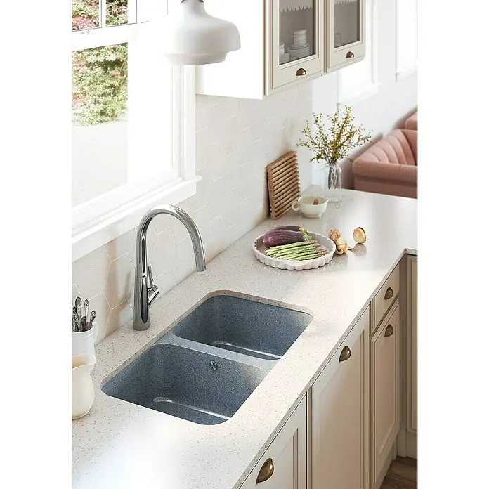 Atron Fregadero encastrable Block - 43,6 x 76 cm, Material compuesto, Gris - Fregadero de cocina con separador y grifo moderno. Diseño elegante para una cocina moderna con verduras en la encimera.