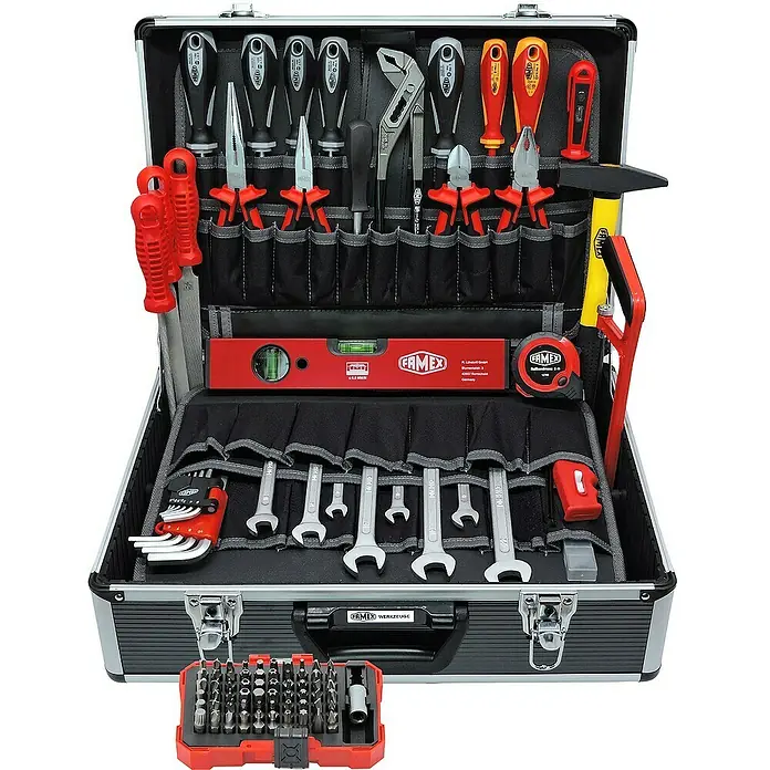 Famex Werkzeugkoffer - L x B x H: 46 x 35,5 x 16 cm, 230 -tlg. - Werkzeugkoffer mit diversen Werkzeugen, darunter Schraubenzieher, Zangen, Hammer und Schraubenschlüssel, ideal für Heimwerker und Profis.
