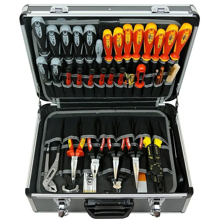Famex Werkzeugkoffer - L x B x H: 46 x 35,5 x 16 cm - Werkzeugkoffer mit einer Auswahl an Schraubendrehern und Zangen, ordentlich in Fächern verstaut, ideal für Profis.