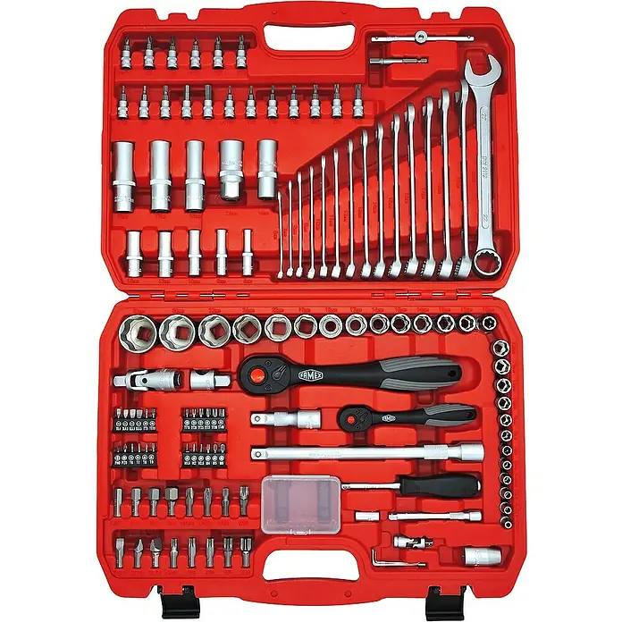 Famex Werkzeugkoffer - L x B x H: 46 x 35,5 x 16 cm, 230 -tlg. - Werkzeugkoffer, rot, mit einer Vielzahl von Schraubenschlüsseln, Stecknüssen und Bits für verschiedene Reparaturen und Projekte.