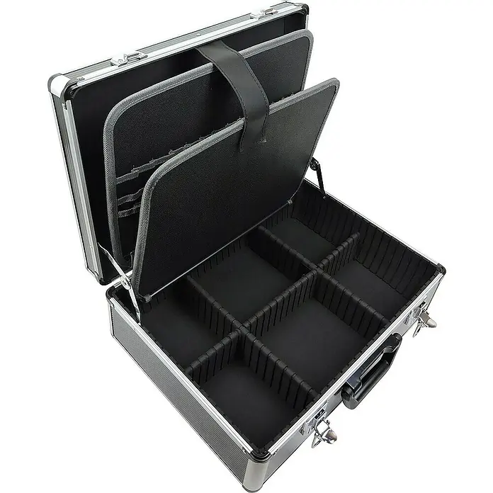 Famex Werkzeugkoffer - L x B x H: 46 x 35,5 x 16 cm, 230 -tlg. - Offener Kosmetikkoffer mit Fächern und Tragegriff. Der silberne Koffer mit schwarzem Innenleben bietet viel Stauraum für Kosmetikartikel.
