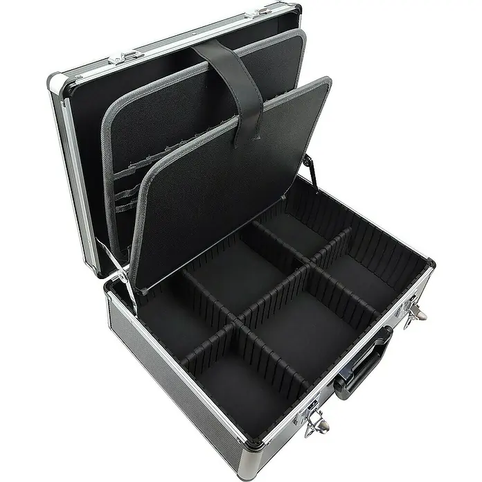 Famex Werkzeugkoffer - L x B x H: 45,5 x 35,5 x 16 cm, 98 -tlg. - Offener Kosmetikkoffer aus Aluminium mit Fächern, ideal für Make-up- und Friseurprodukte. Praktisch und stilvoll.