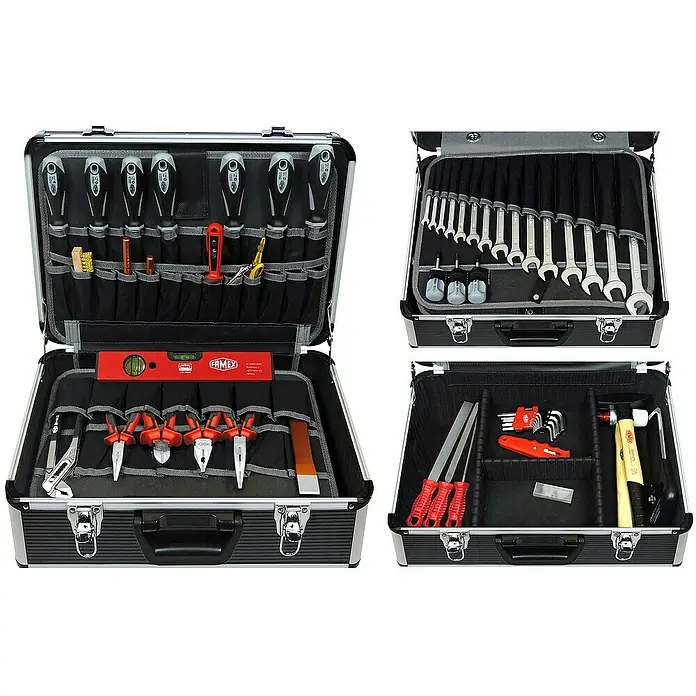Famex Werkzeugkoffer - L x B x H: 45,5 x 35,5 x 16 cm, 98 -tlg. - Ein detailreiches Bild eines geöffneten Werkzeugkoffers, der eine Vielzahl von Werkzeugen ordentlich verstaut zeigt.