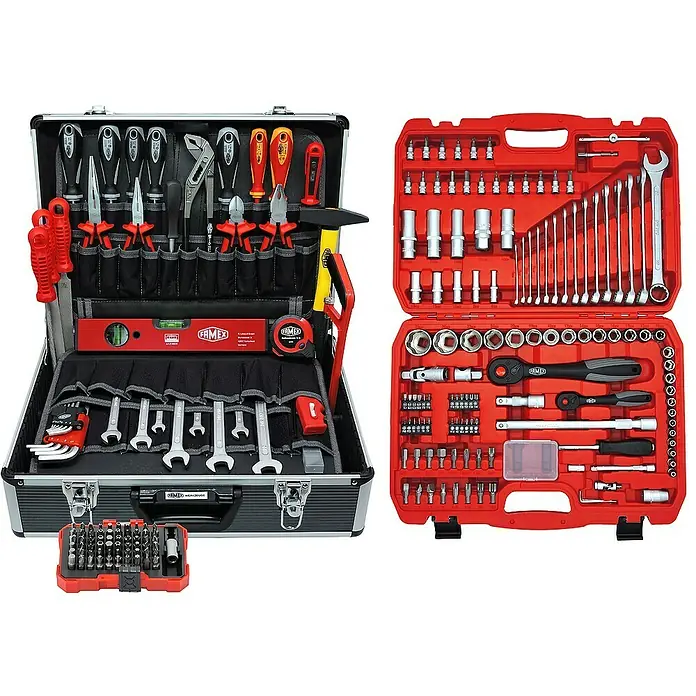 Famex Werkzeugkoffer - L x B x H: 46 x 35,5 x 16 cm, 230 -tlg. - Dieses Bild zeigt zwei Werkzeugkoffer, einen silbernen und einen roten, die mit verschiedenen Werkzeugen gefüllt sind.