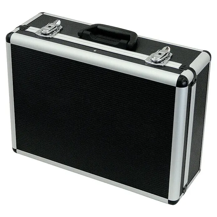 Famex Werkzeugkoffer - L x B x H: 45,5 x 35,5 x 16 cm, 98 -tlg. - Schwarzer Aluminium-Werkzeugkoffer mit silbernen Beschlägen und einem Tragegriff zum sicheren Transport von Werkzeugen.