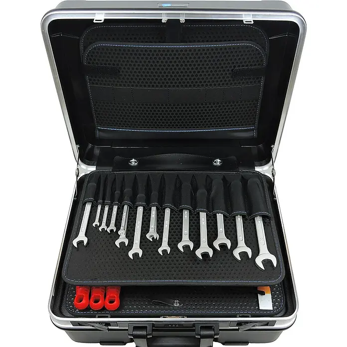 Famex Werkzeugkoffer - L x B x H: 51,5 x 44,5 x 26 cm, 272 -tlg. - Geöffneter Werkzeugkoffer mit verschiedenen Schraubenschlüsseln und Fächern zur Aufbewahrung. Ideal für Handwerker und Heimwerker.