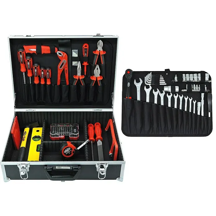 Famex Werkzeugkoffer - L x B x H: 46 x 35,5 x 16 cm - Werkzeugkoffer mit diversen Werkzeugen wie Schraubenziehern, Zangen, Hammer, Wasserwaage und Schraubenschlüsseln, ideal für Heimwerker.
