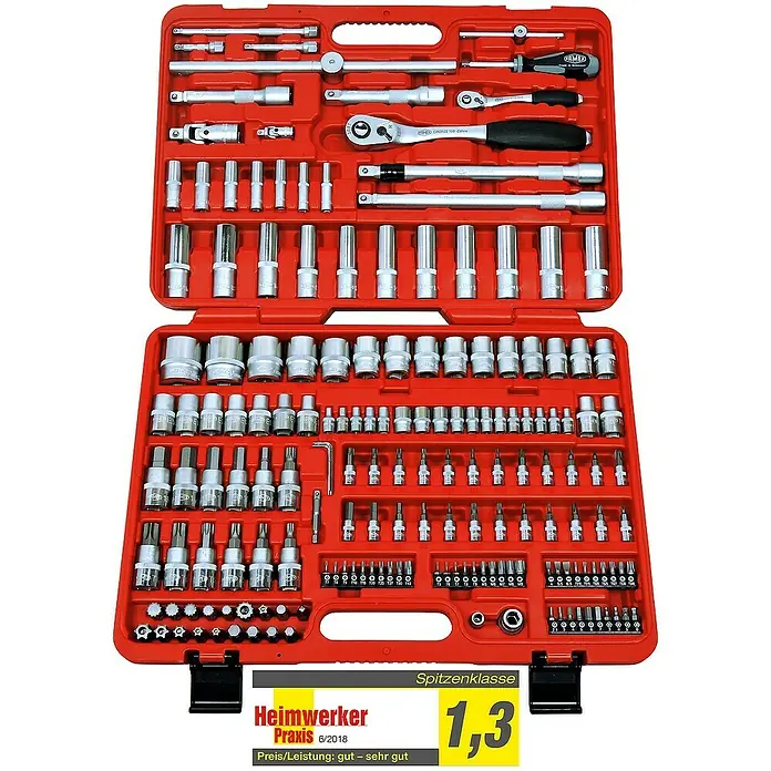 Famex Werkzeugkoffer - L x B x H: 46 x 35,5 x 18 cm, 292 -tlg. - Werkzeugkasten mit einer Vielzahl von Schraubenschlüsseln, Stecknüssen und Bits, ordentlich in einem roten Koffer angeordnet.\n