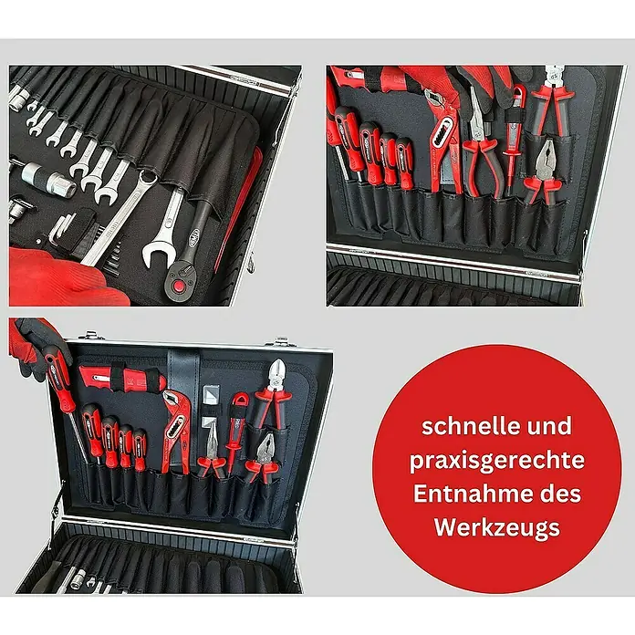 Famex Werkzeugkoffer - L x B x H: 46 x 35,5 x 16 cm - Werkzeugkoffer mit einer Vielzahl an Werkzeugen, wie Schraubenschlüssel, Zangen und Schraubenzieher, ordentlich in Fächern verstaut.
