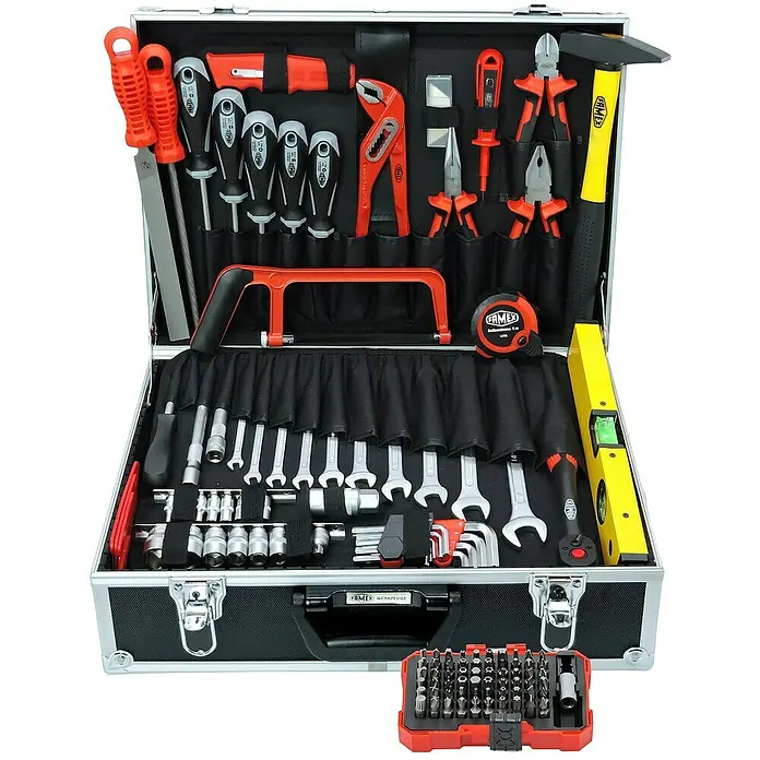 Famex Werkzeugkoffer - L x B x H: 46 x 35,5 x 16 cm - Ein umfassender Werkzeugkoffer, gefüllt mit einer Vielzahl von Werkzeugen für Heimwerker und professionelle Anwendungen.