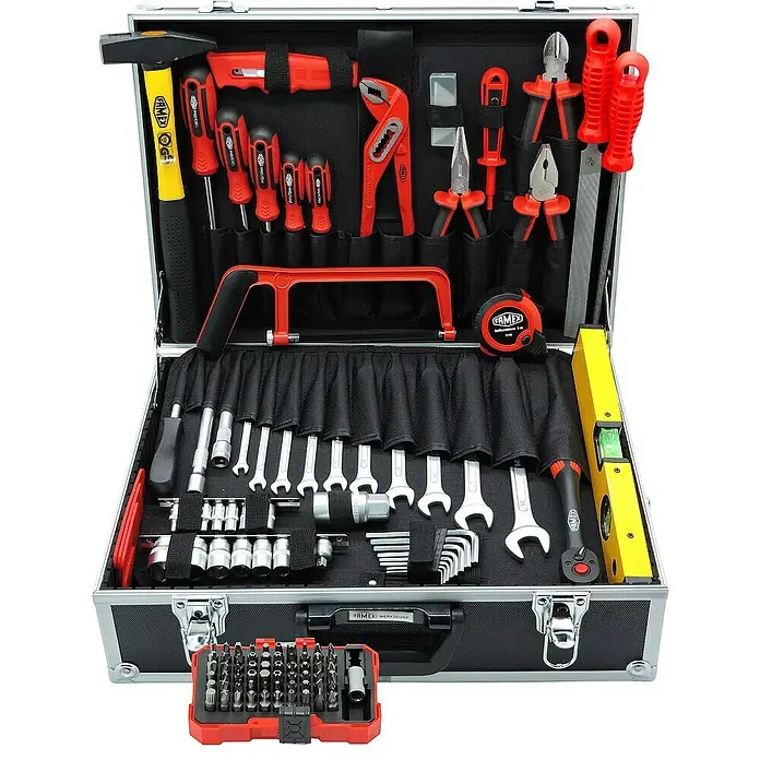 Famex Werkzeugkoffer - L x B x H: 46 x 35,5 x 16 cm - Werkzeugkoffer mit Hammer, Schraubenzieher, Zangen, Schraubenschlüssel und Bitsatz für Heimwerker und Profis.