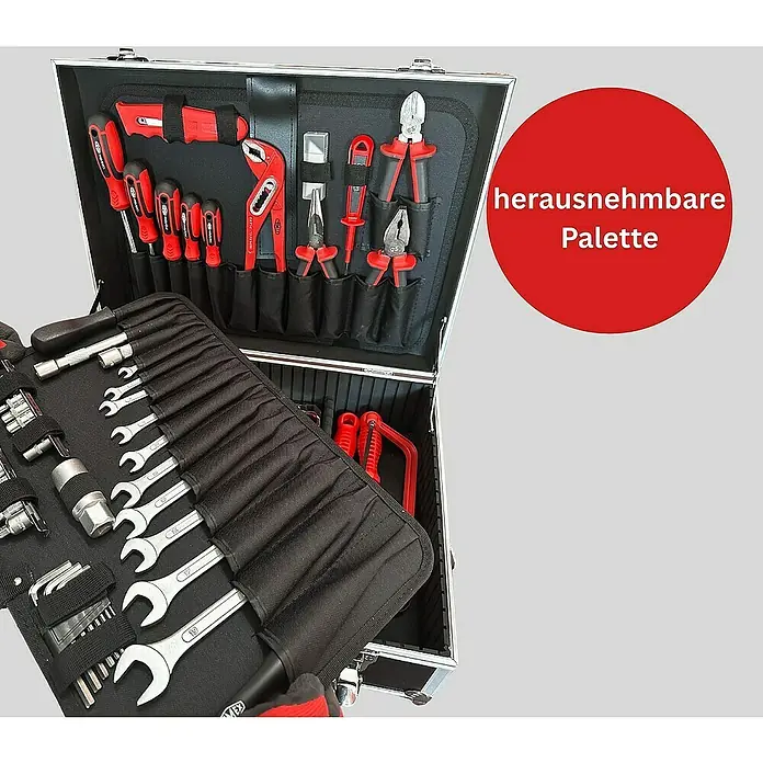 Famex Werkzeugkoffer - L x B x H: 46 x 35,5 x 16 cm - Werkzeugkoffer mit herausnehmbarer Palette, inklusive Schraubenzieher, Zangen und Schraubenschlüssel.