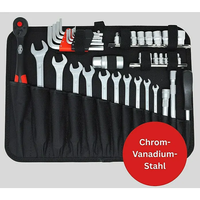 Famex Werkzeugkoffer - L x B x H: 46 x 35,5 x 16 cm - Werkzeugsatz mit Schraubenschlüsseln, Inbusschlüsseln und Steckschlüsseln in einer schwarzen Werkzeugrolle, ideal für Heimwerker und Profis.