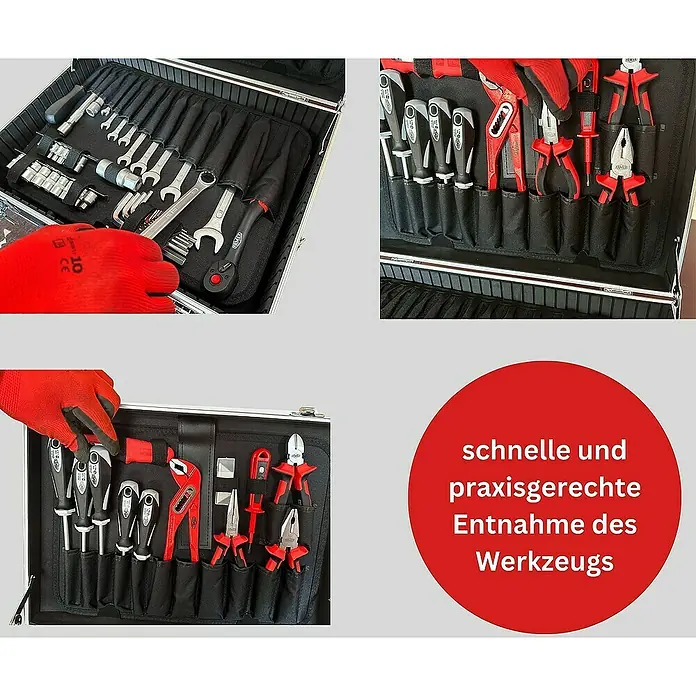Famex Werkzeugkoffer - L x B x H: 46 x 35,5 x 16 cm - Werkzeugkoffer mit einer Auswahl an Werkzeugen, inklusive Schraubenzieher, Zangen und Schraubenschlüssel, ordentlich verstaut.