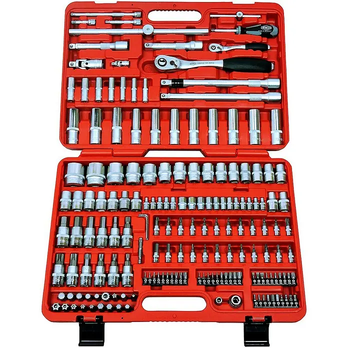 Famex Werkzeugkoffer - L x B x H: 51,5 x 44,5 x 26 cm, 301 -tlg. - Ein roter Werkzeugkasten mit einer Vielzahl von Chrom-Vanadium-Steckschlüsseln, Bits und Ratschen für professionelle Reparaturen.
