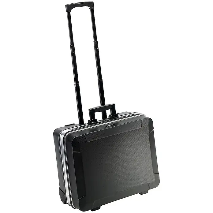 Famex Werkzeugkoffer - L x B x H: 51,5 x 44,5 x 26 cm, 301 -tlg. - Nahaufnahme eines schwarzen Pilotenkoffers mit Teleskopgriff, ideal für Geschäftsreisen und Kurztrips.