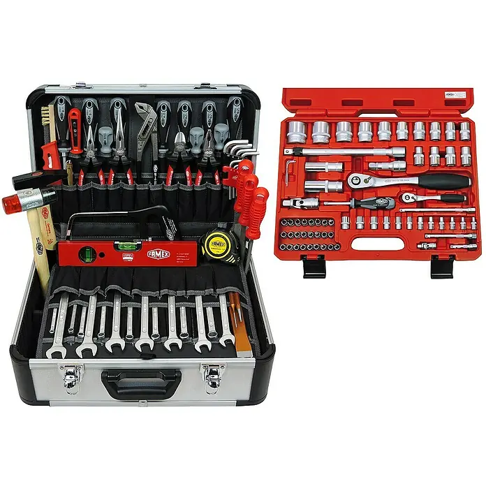Famex Werkzeugkoffer - L x B x H: 46 x 35,5 x 18 cm, 164 -tlg. - Ein Werkzeugkoffer und ein Werkzeugkasten mit einer Vielzahl von Werkzeugen, ideal für Reparaturen und Heimwerkerprojekte.