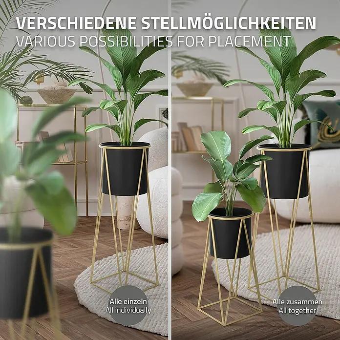 ML-Design Pflanztopf Blumentopfständer Schwarz/Gold Wetterfeste und robuste Blumentopfhalte - Stahl, Schwarz - Verschiedene Anordnungsmöglichkeiten für die schwarzen Pflanzgefäße mit goldenen Gestellen, einzeln oder zusammen.
