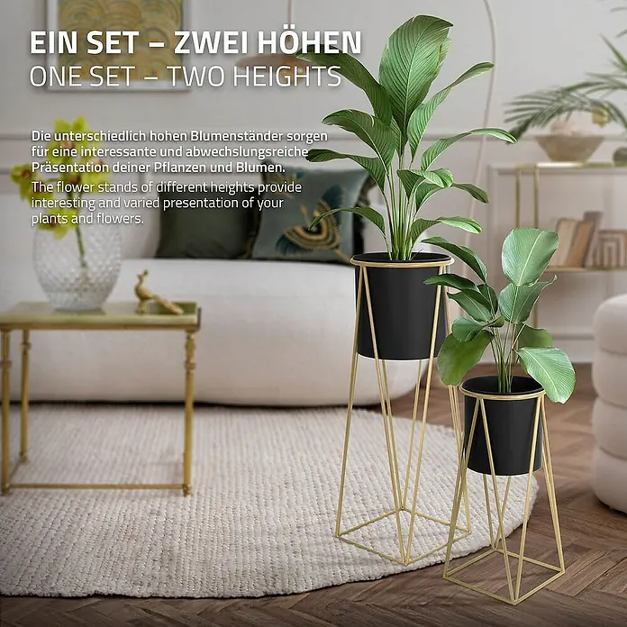 ML-Design Pflanztopf Blumentopfständer Schwarz/Gold Wetterfeste und robuste Blumentopfhalte - Stahl, Schwarz - Zwei unterschiedlich hohe Blumenständer in Schwarz mit goldenen Gestellen präsentieren Pflanzen und Blumen auf interessante Weise.