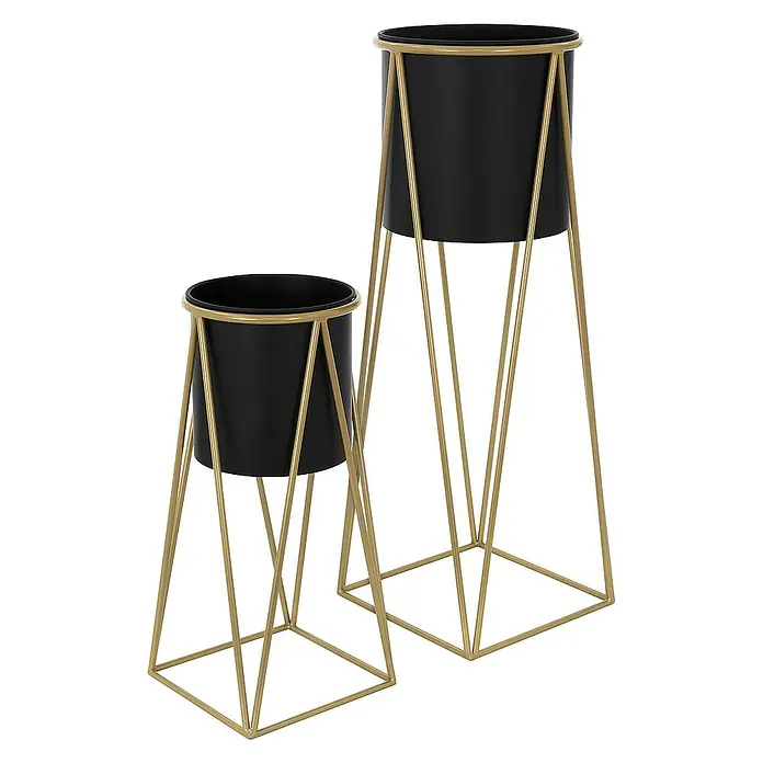 ML-Design Pflanztopf Blumentopfständer Schwarz/Gold Wetterfeste und robuste Blumentopfhalte - Stahl, Schwarz - Zwei schwarze Pflanzgefäße auf goldenen Gestellen in unterschiedlicher Höhe, perfekt für moderne Innenräume.
