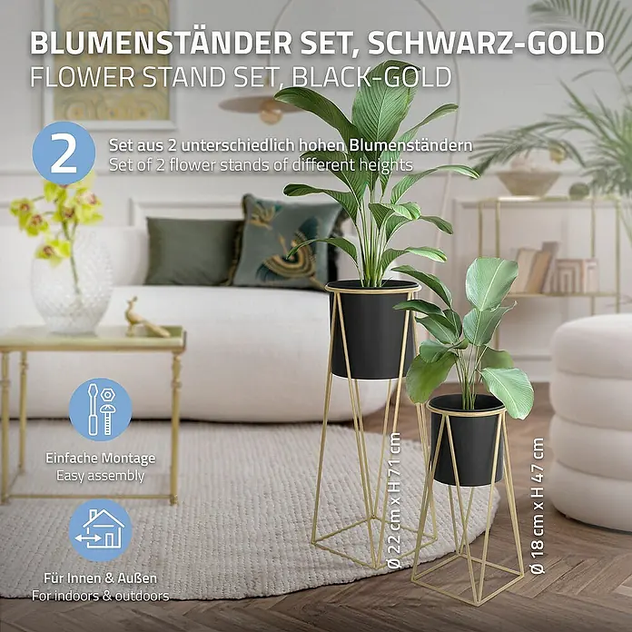 ML-Design Pflanztopf Blumentopfständer Schwarz/Gold Wetterfeste und robuste Blumentopfhalte - Stahl, Schwarz - Abbildung eines schwarzen und goldenen Blumenständer-Sets, das sowohl für den Innen- als auch für den Außenbereich geeignet ist.