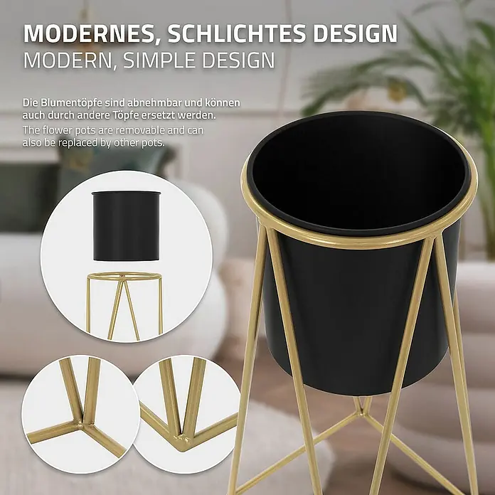 ML-Design Pflanztopf Blumentopfständer Schwarz/Gold Wetterfeste und robuste Blumentopfhalte - Stahl, Schwarz - Elegantes Pflanzgefäß mit schwarzem Topf und goldenem Gestell. Abnehmbare Töpfe für vielseitige Bepflanzungsmöglichkeiten im modernen Design.