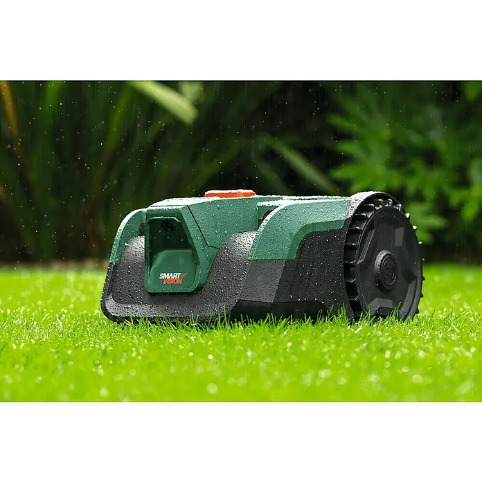 Bosch Power for All 18V Mähroboter VISIMOW 18V-100 - 100 m², Schnittbreite: 16 cm, Kamera-gestützte Navigation, Ultraschallsensorik, Ohne Akku - Ein grüner und schwarzer Rasenmähroboter mit "Smart Vision"-Aufschrift steht im Regen auf einem grünen Rasen.