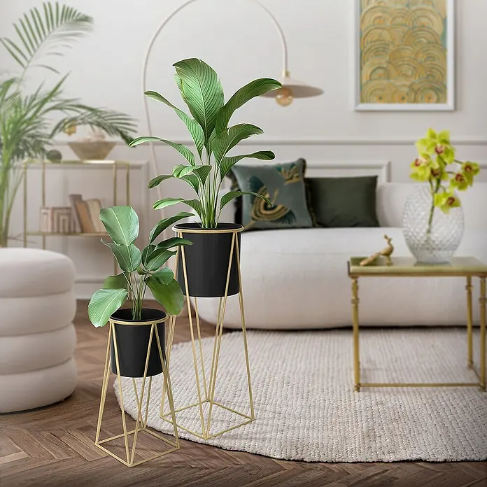 ML-Design Pflanztopf Blumentopfständer Schwarz/Gold Wetterfeste und robuste Blumentopfhalte - Stahl, Schwarz - Elegantes Interieur mit zwei stilvollen Pflanzenständern mit schwarzen Töpfen und goldenen Gestellen, die das moderne Wohnambiente bereichern.