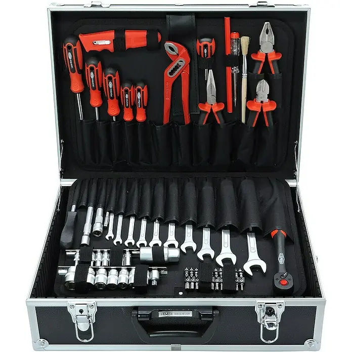 Famex Werkzeugkoffer - L x B x H: 46 x 35,5 x 16 cm, 126 -tlg. - Werkzeugkoffer mit diversen Werkzeugen ordentlich in Fächern und Halterungen verstaut, ideal für Handwerker und Heimwerker.