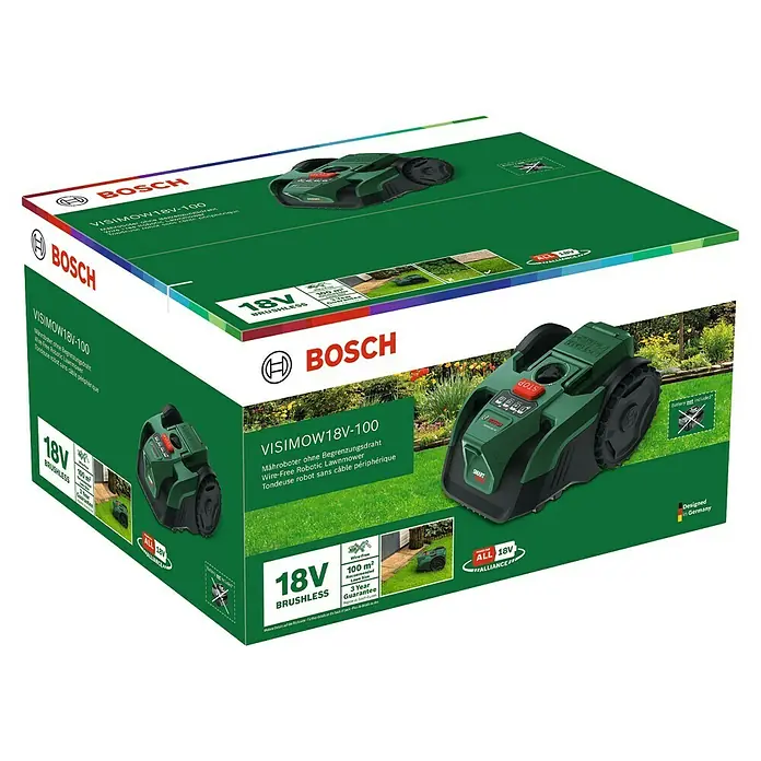 Bosch Power for All 18V Mähroboter VISIMOW 18V-100 - 100 m², Schnittbreite: 16 cm, Kamera-gestützte Navigation, Ultraschallsensorik, Ohne Akku - Verpackung des Bosch VISIMOW 18V-100 Mähroboters, ein kabelloser Roboter-Rasenmäher für Gärten bis 100 m² mit 18V-Akkus.