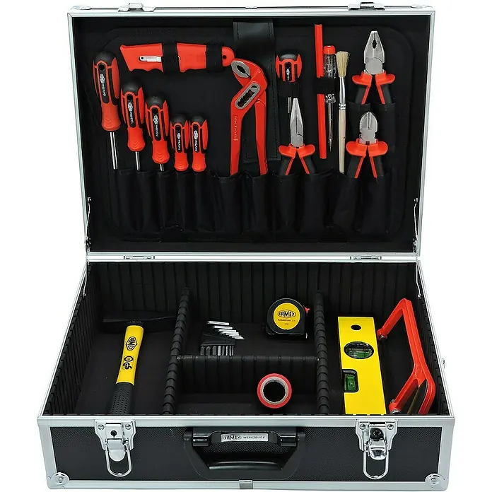 Famex Werkzeugkoffer - L x B x H: 46 x 35,5 x 16 cm, 126 -tlg. - Werkzeugkoffer mit verschiedenen Werkzeugen, darunter Schraubendreher, Zangen, Hammer und Messwerkzeuge.