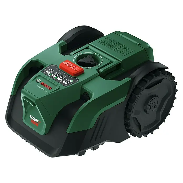 Bosch Power for All 18V Mähroboter VISIMOW 18V-100 - 100 m², Schnittbreite: 16 cm, Kamera-gestützte Navigation, Ultraschallsensorik, Ohne Akku - Nahaufnahme des Bosch Indego Mähroboters, der mit einer grünen und schwarzen Farbgebung sowie Bedienelementen ausgestattet ist.