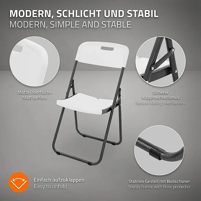 ECD Germany Gartenstuhl Balkonstuhl Rattan-Optik mit Metallrahmen Campingstuhl bis 200kg - Stahl, HDPE-Kunststoff, Dunkelgrau, Weiß - Produktbild: Moderner, schlichter und stabiler Klappstuhl in Weiß mit robustem Metallgestell und Bodenschonern.