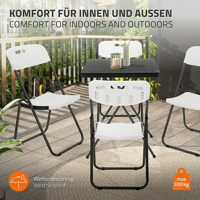 ECD Germany Gartenstuhl Balkonstuhl Rattan-Optik mit Metallrahmen Campingstuhl bis 200kg - Stahl, HDPE-Kunststoff, Dunkelgrau, Weiß - Bild eines wetterfesten Gartentischsets mit Klappstühlen, ideal für drinnen und draußen, bis max. 200 kg belastbar.