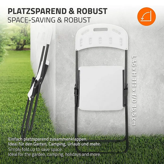 ECD Germany Gartenstuhl Balkonstuhl Rattan-Optik mit Metallrahmen Campingstuhl bis 200kg - Stahl, HDPE-Kunststoff, Dunkelgrau, Weiß - Bild einer platzsparenden, robusten Klappstuhl, ideal für Garten, Camping und Urlaub.