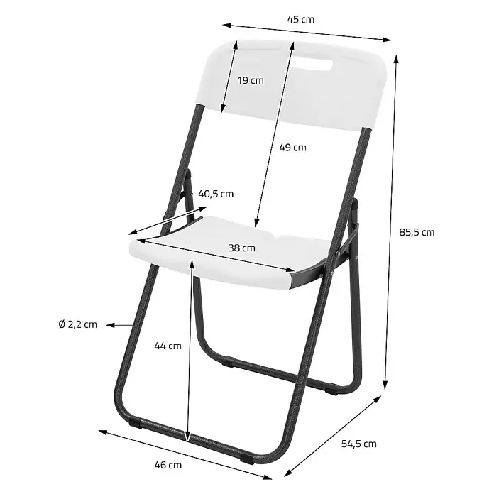 ECD Germany Gartenstuhl Balkonstuhl Rattan-Optik mit Metallrahmen Campingstuhl bis 200kg - Stahl, HDPE-Kunststoff, Dunkelgrau, Weiß - Abbildung eines weißen Klappstuhls mit Maßangaben zu Höhe, Breite und Durchmesser der Stuhlbeine.