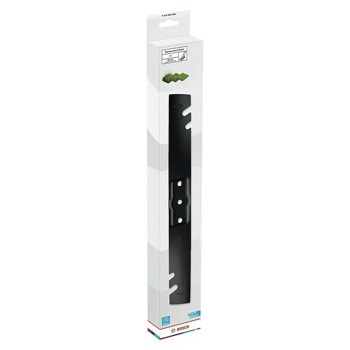 Bosch Power for All 18V Ersatzmesser für Rasenmäher - Bosch Akku-Rasenmäher Rotak 18V2-43, 1 Stk. - Verpackung eines Bosch Rasenmähermessers, geeignet für Bosch-Mäher, mit den Maßen 1 x 43 cm.