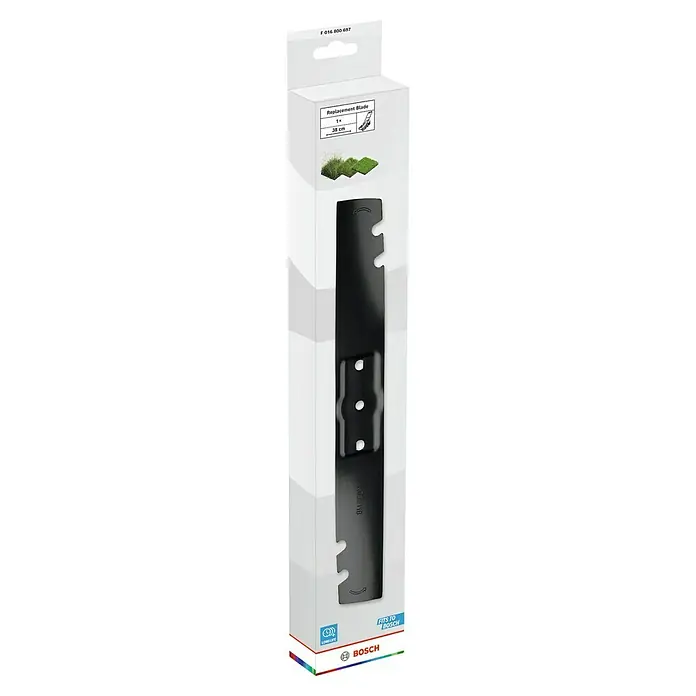 Bosch Power for All 18V Ersatzmesser für Rasenmäher - Bosch Akku-Rasenmäher Rotak 18V2-38, 1 Stk. - Produktbild: Ein Ersatzmesser für Bosch Rasenmäher, verpackt in einer weißen Box, präsentiert das robuste und langlebige Zubehör.