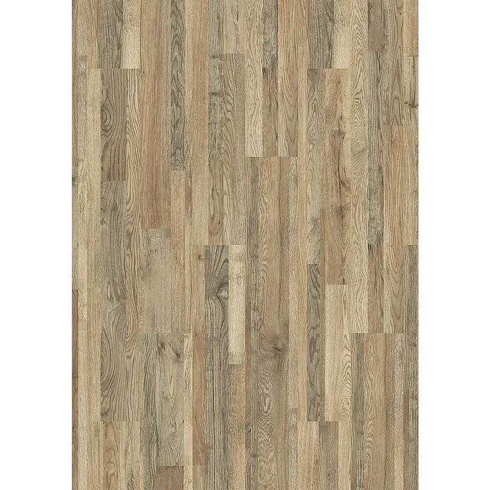 LOGOCLIC Silentos Laminat - Eiche Cabino, Landhausdiele, 1.288 x 195 x 9 mm - Nahaufnahme eines Fußbodens mit braunen und grauen Holzdielen, die ein rustikales und natürliches Design aufweisen. Perfekt für jeden Raum.