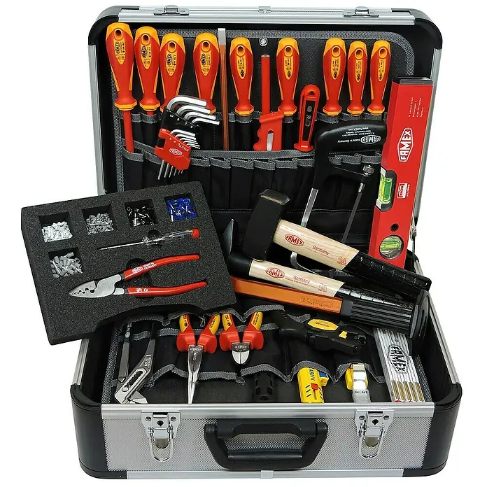 Famex Werkzeugkoffer - L x B x H: 46 x 35,5 x 18 cm, 35 -tlg. - Ein gut sortierter Werkzeugkoffer mit einer Vielzahl von Werkzeugen wie Schraubendreher, Zangen, Hämmer und mehr. Ideal für Profis und Heimwerker.