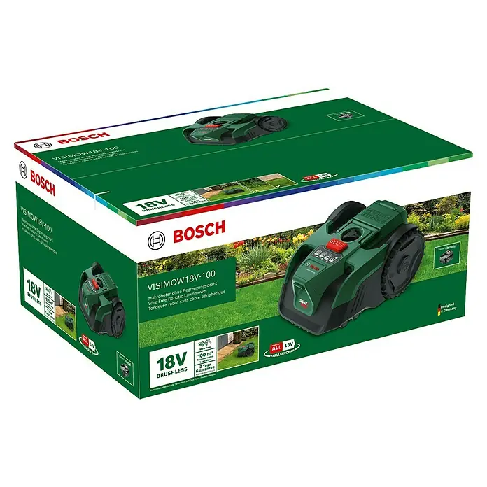 Bosch Power for All 18V Mähroboter VISIMOW 18V-100 - 100 m², Schnittbreite: 16 cm, Kamera-gestützte Navigation, Ultraschallsensorik, 1 Akku - Abbildung der Verpackung des Bosch VISIMOW 18V-100, ein kabelloser Mähroboter für Gärten bis zu 100 m². Er ist mit einem 18V Akku ausgestattet.