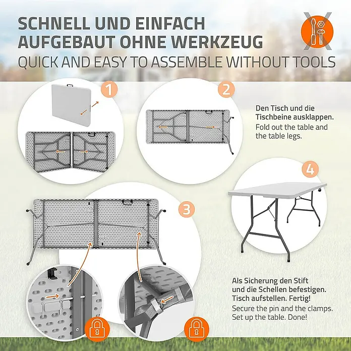ML-Design Campingtisch Klapptisch 6 Personen mit Tragegriff für Garten, Terrasse oder Balkon - L x B x H: 180 x 74 x 74 cm, HDPE-Kunststoff, Stahl, Weiß, Klappbar - Aufbauanleitung für einen klappbaren Campingtisch. Schneller und einfacher Aufbau ohne Werkzeug für den praktischen Outdoor-Tisch.