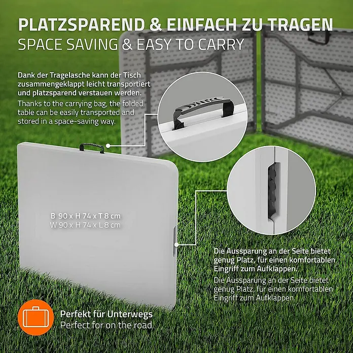 ML-Design Campingtisch Klapptisch 6 Personen mit Tragegriff für Garten, Terrasse oder Balkon - L x B x H: 180 x 74 x 74 cm, HDPE-Kunststoff, Stahl, Weiß, Klappbar - Bild eines zusammengeklappten, platzsparenden Tisches mit Tragegriff und Aussparung für einfaches Aufklappen.