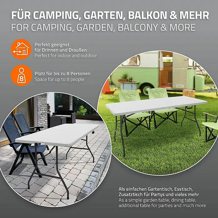 ML-Design Campingtisch Klapptisch 6 Personen mit Tragegriff für Garten, Terrasse oder Balkon - L x B x H: 180 x 74 x 74 cm, HDPE-Kunststoff, Stahl, Weiß, Klappbar - Klapptisch für Camping, Garten, Balkon & mehr, ideal für bis zu 8 Personen, sowohl drinnen als auch draußen.