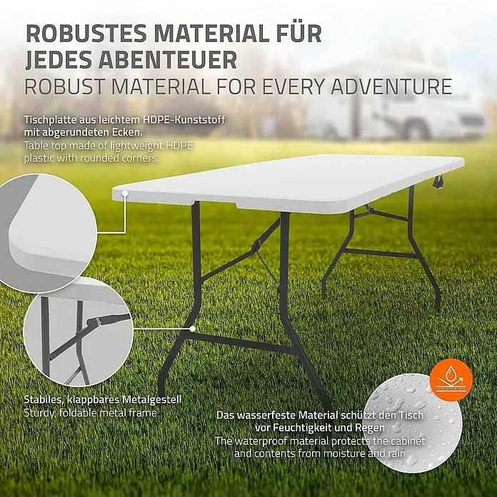 ML-Design Campingtisch Klapptisch 6 Personen mit Tragegriff für Garten, Terrasse oder Balkon - L x B x H: 180 x 74 x 74 cm, HDPE-Kunststoff, Stahl, Weiß, Klappbar - Robuster, wasserfester Klapptisch mit leichtem HDPE-Kunststoff und stabilem Metallgestell für jedes Abenteuer.