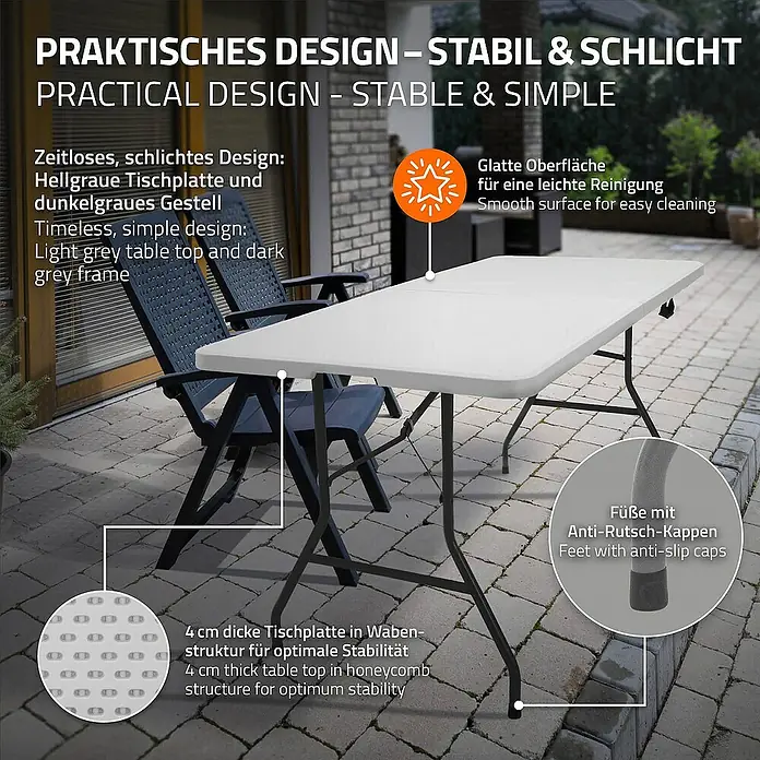 ML-Design Campingtisch Klapptisch 6 Personen mit Tragegriff für Garten, Terrasse oder Balkon - L x B x H: 180 x 74 x 74 cm, HDPE-Kunststoff, Stahl, Weiß, Klappbar - Bild zeigt einen praktischen, stabilen und schlichten Tisch mit hellgrauer Platte und dunkelgrauem Gestell.