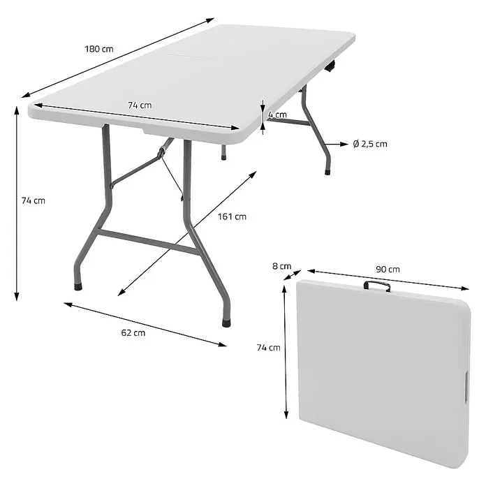 ML-Design Campingtisch Klapptisch 6 Personen mit Tragegriff für Garten, Terrasse oder Balkon - L x B x H: 180 x 74 x 74 cm, HDPE-Kunststoff, Stahl, Weiß, Klappbar - Bild eines Klapptisches, der sowohl im aufgebauten als auch im zusammengeklappten Zustand mit Maßangaben dargestellt wird.