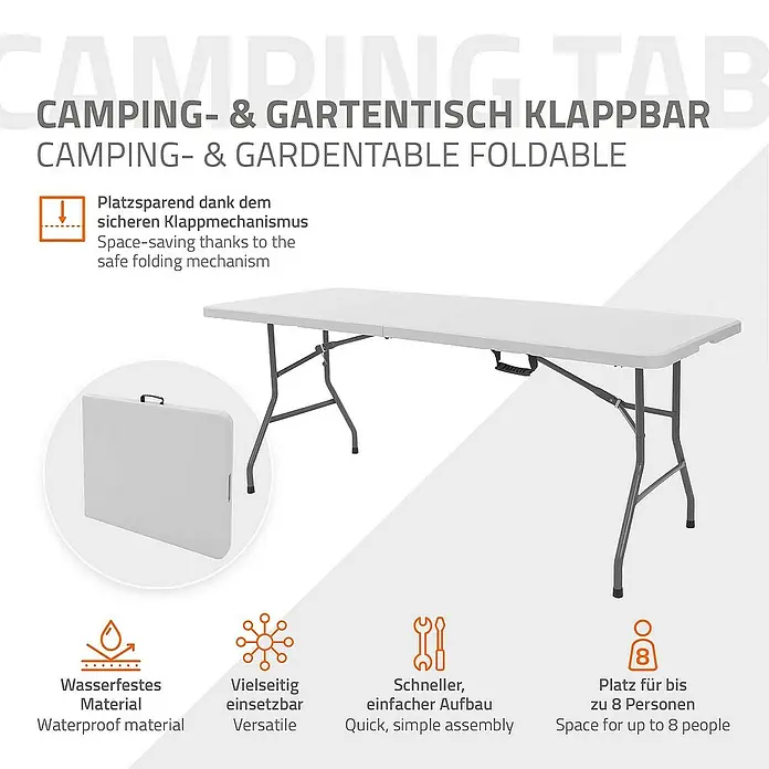 ML-Design Campingtisch Klapptisch 6 Personen mit Tragegriff für Garten, Terrasse oder Balkon - L x B x H: 180 x 74 x 74 cm, HDPE-Kunststoff, Stahl, Weiß, Klappbar - Bild eines zusammenklappbaren Camping- und Gartentisches, der sich durch platzsparende Eigenschaften und wasserfestes Material auszeichnet.