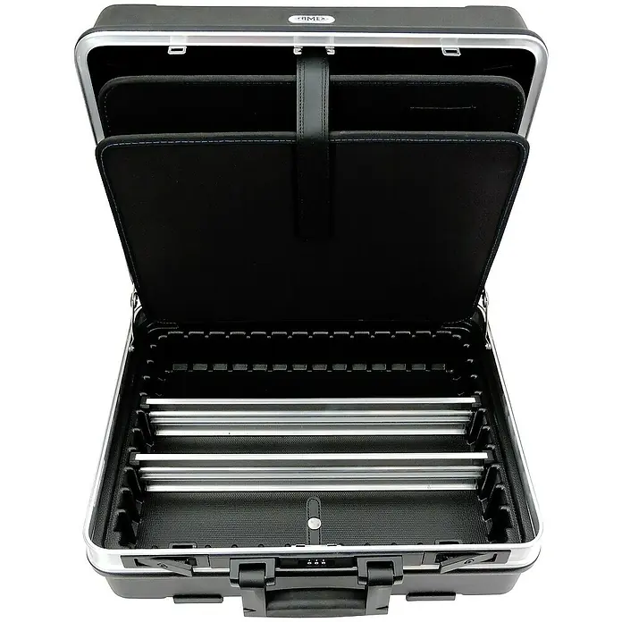 Famex Werkzeugkoffer - L x B x H: 51,5 x 44,5 x 26 cm - Offener schwarzer Aktenkoffer mit silbernen Akzenten, der das Innere mit Fächern und Trennwänden zeigt.