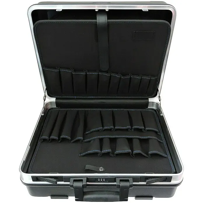 Famex Werkzeugkoffer - L x B x H: 51,5 x 44,5 x 26 cm - Geöffneter schwarzer Werkzeugkoffer mit silberfarbenem Rahmen und mehreren Fächern zur Aufbewahrung von Werkzeugen.